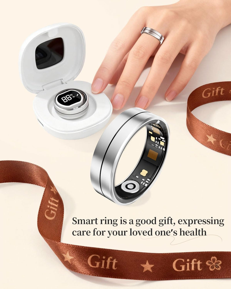Fvtga Smart Ring for Women Men, Health Tracker with Digital Charging Case, 24/7 Heart Rate SpO2 Sleep Stress Monitoring, IP68 Waterproof Fitness Ring, No Subscription Fee, iOS Android(Silver, 11) Silver