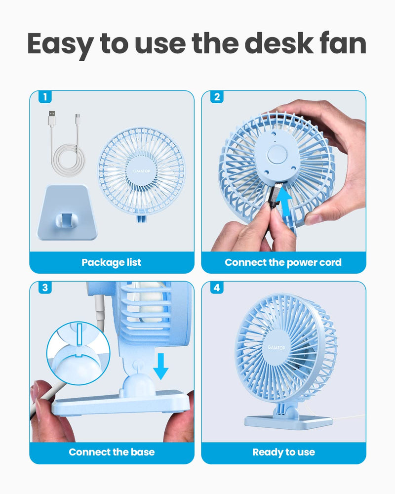 Gaiatop USB Desk Fan, Small But Powerful, Personal Portable Quiet 3 Speeds, Adjustment Mini Table Desktop for Better Cooling Home Office Car Indoor Outdoor Light blue