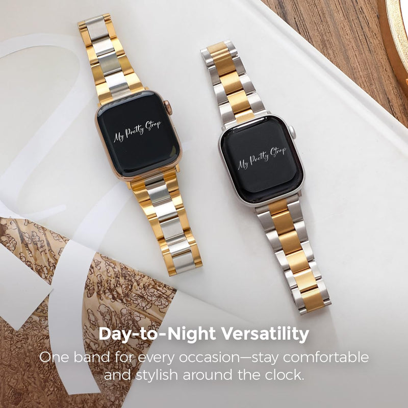 My Pretty Strap Silver Apple Watch Band & Glossy XOXO Protective Case Bundle – Elegant Stainless Steel Strap & Luxury Metal Cover for Apple Watch Series 1-11, SE & Ultra (42MM) Queen Vogue