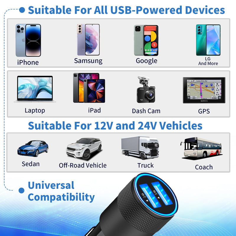 【MFi Certified】iPhone Fast Car Charger, Rombica 4.8A Dual USB Smart Power Cigarette Lighter USB Car Charger + 2Pack Lightning to USB Braided Cable for iPhone 14 13 12 11 Pro/XS Max/Mini/XR/SE/X/8/iPad Carbon Fiber Black