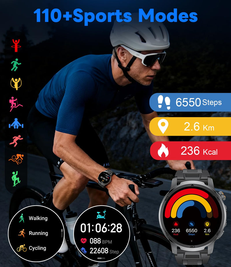 Military Smart Watch for Men Answer/Make Call, 1.85'' HD Rugged Smartwatch with 1000mAh Battery/Flashlight/Heart Rate/110+ Sports Mode, IP68 Waterproof Fitness Tracker Watch for Android iPhone Black