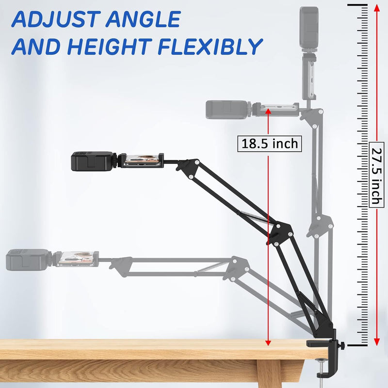 Overhead Phone Mount, Articulating Arm Cell Phone Holder with LED Light, Flexible Phone Stand for Live Streaming,Video Recording,Drawing,Cooking