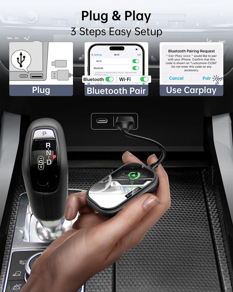 Wireless CarPlay Adapter for Apple iPhone, Converts Factory Wired CarPlay to Wireless CarPlay 2024 Upgrade Plug & Play Auto Connect Fast Easy Use for Cars from 2017 & iPhone iOS Black