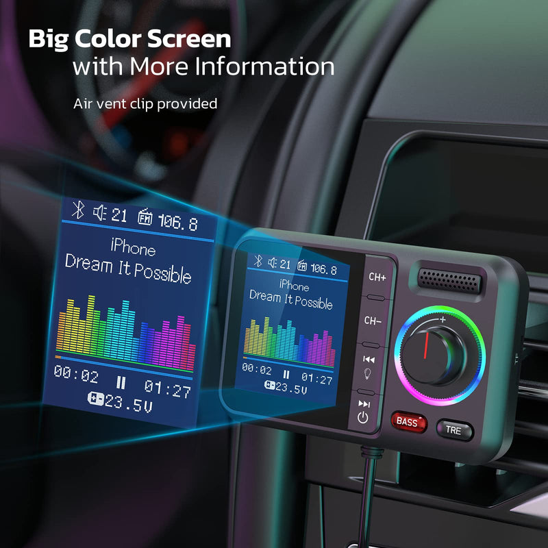 [AUSTRALIA] - Nulaxy Bluetooth FM Transmitter for Car, Wireless Car Bluetooth Adapter V5.0 with Big Color Screen, Support QC3.0 Fast Charging, Hands-Free Call, MP3 Music Player BASS&TRE Booster, TF Card/AUX-KM28 Black 