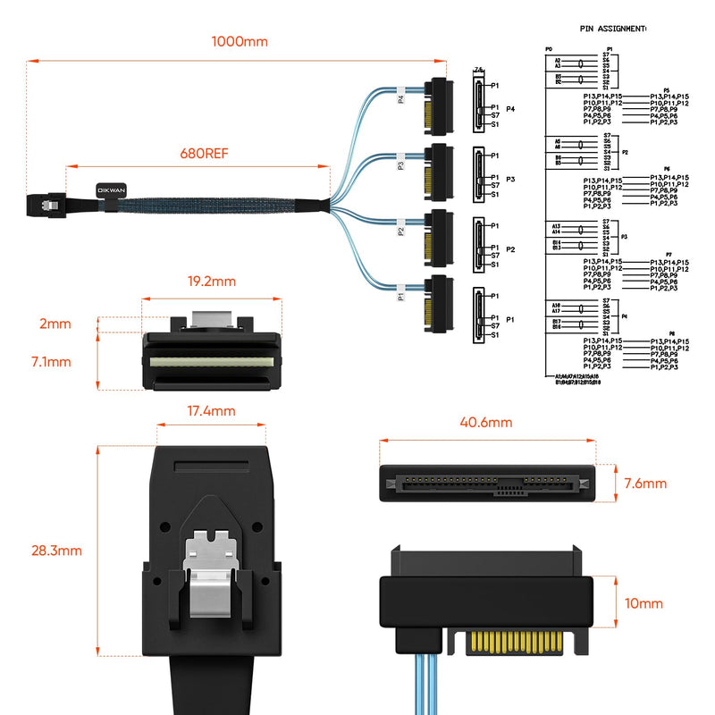Mini-SAS to SAS-Cable: 1M SFF-8087 to SAS SFF-8482 Connector 4X SAS 29Pin with SATA-Power Adapter Cable (3.3FT)