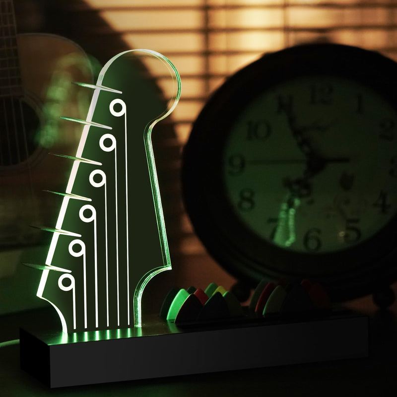 Light Up Guitar Pick Holder—Electric Guitar Headstock Design with 7-Color Changing Lights,Gifts for Music Lovers,Guitar Pick Display and Storage With Wooden Base&Phone Stand,Guitar Accessories.