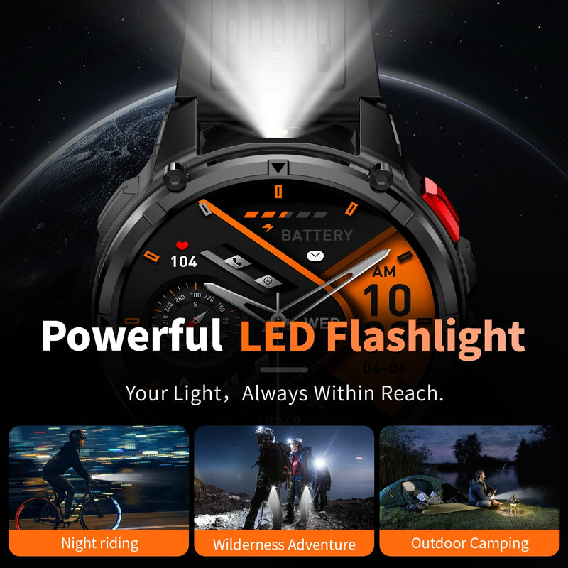 Mens Smart Watch for Android Phones and iPhone,Military Sport Smart Watches for Men Fitness Tracker Watch with Flashlight/Compass/Waterproof/100 Days Battery/Heart Rate/Sleep/100+ Sport Modes Black