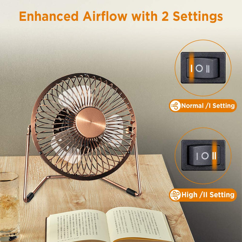 EasyAcc 6 Inch USB Desk Fan, [ Small Quiet Powerful Metal Fan ] USB Powered Portable Fan, Strong Airflow& 360°Rotation Personal Table Cooling Fan with 2 Speed(USB POWERED ONLY) 6" USB Fan Bronzer