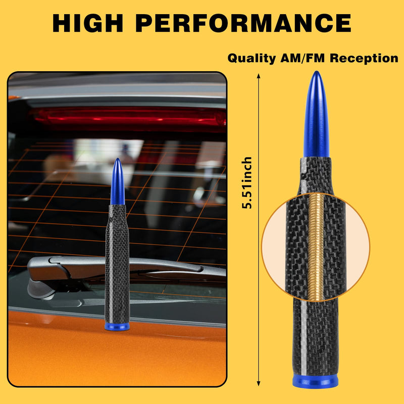 Universal Carbon Fiber 50 Cal Bullet Short Truck Antenna Fits for All Chevy GMC Ford Jeep Dodge Toyota 5.5" AM/FM Radio Antenna for All Truck Car Accessories(Blue+Carbon Fiber) Blue+Carbon Fiber