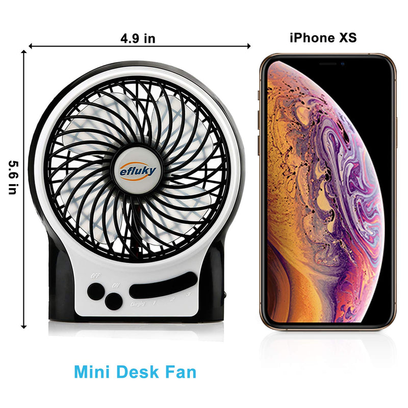 efluky 3 Speeds Mini Desk Fan, Rechargeable Battery Operated Fan with LED Light and 2200mAh Battery, Portable USB Fan Quiet for Home, Office, Travel, Camping, Outdoor, Indoor Fan, 4.9-Inch, Black