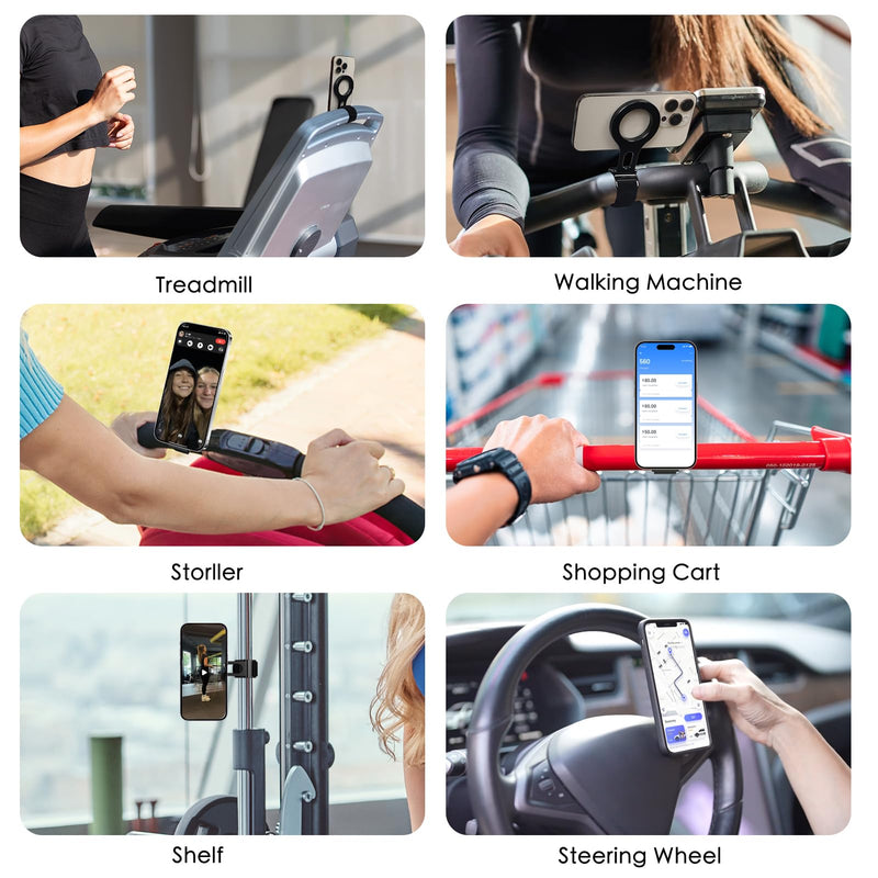Magnetic Phone Holder for Stroller Bar, Gym Fitness Phone Mount for MagSafe, (Strong Magnet) - 180° Adjustable for Gym, Peloton Exercise Bikes, with Adjustable Strap (Magnetic Ring Included) Black