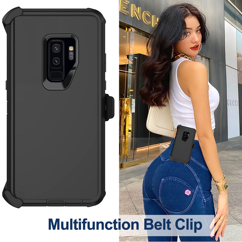 for Samsung Galaxy S9 Plus Case with Belt Clip Holster, 2X Screen Protector, Military Grade Protection Heavy Duty Full Body Shockproof Rugged Protective Cover for Samsung Galaxy S9+ Plus (Black) Black