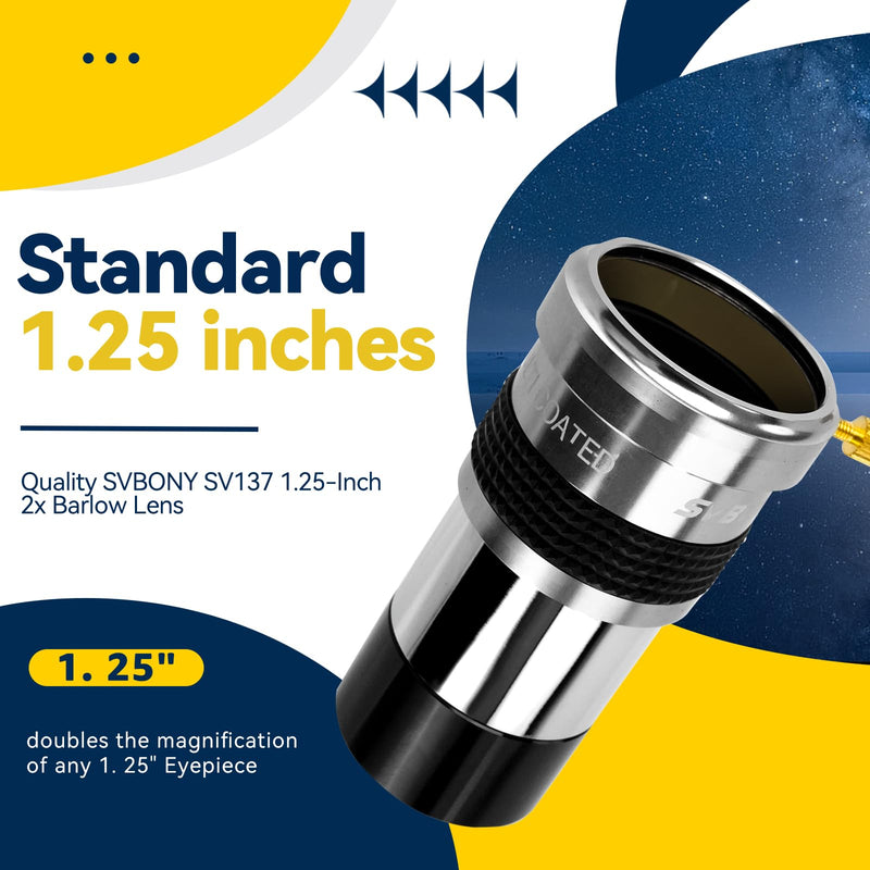 SVBONY SV137 Barlow Lens 1.25 Inch 2X Barlow Lens Metal Body Fully Multi Coated Telescope Accessory for Standard Telescope Eyepiece Astronomy