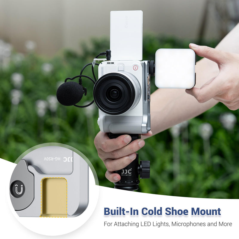 [AUSTRALIA] - JJC Metal Hand Grip L Bracket for Canon EOS R50 V Camera(Not for R50), R50V Handgrip with Cold Shoe Mount, Silicone Handle, Anti-Slip Pad, Arca Swiss Quick Release Plate & 1/4"-20 Tripod Hole, Black 