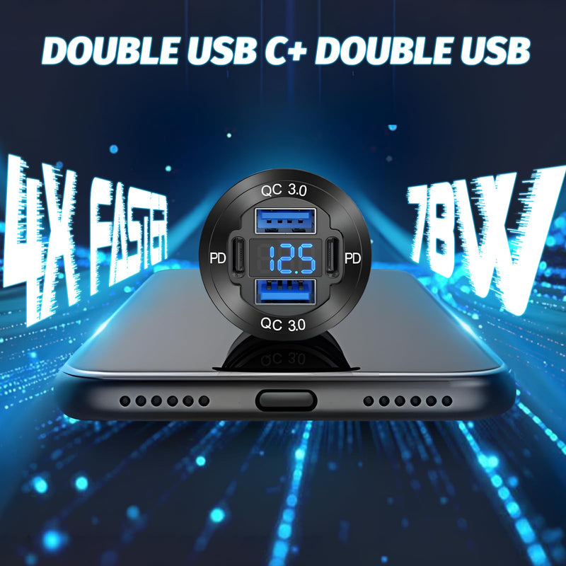 12 Volt USB Charger, 12v USB 4-Port Aluminum Alloy USB C Outlet with LED Voltmeter,Dual PD3.0 & QC3.0 for 12/24V Car Golf Cart Boat Marine Bus Truck RV Marine Motorcycle etc (Pack of Two) pack of two