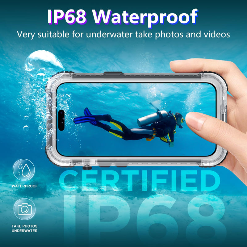 2024 Upgrade for iPhone 15 Case Waterproof,[Compatible With MagSafe][Built-in Screen&Camera Protector][Full Body Dropproof][IP68 Underwater][Clear Sound]Shockproof Phone Case 6.1"Black/Clear Black/Clear