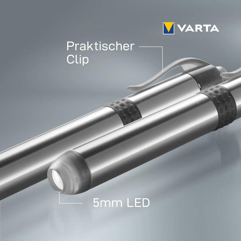 VARTA 2 x Diagnostic Light LED Double Pack Including 1x AAA Battery, Pen Light, Pupil Light, Extremely Slim and Lightweight Pen Torch, Torch, for Hospital, Doctor's Practice, Silver Diagnostikleuchte LED 2er Pack