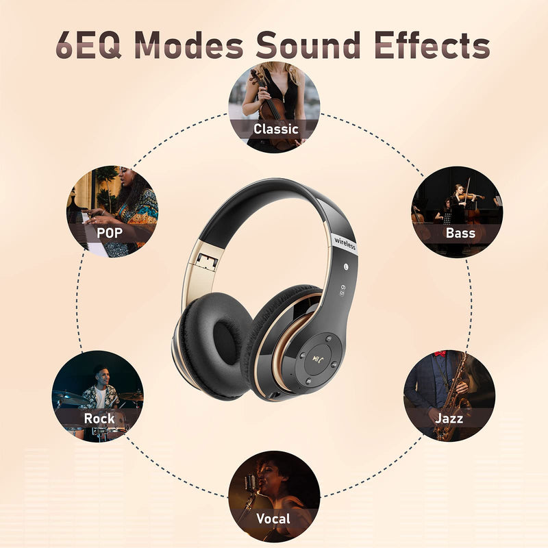 Bluetooth Headphones Over Ear, 6S Wireless Headphones Wired with 6 EQ Modes, 40 Hours Playtime Foldable HiFi Stereo Headset with Microphone, FM/TF for Cellphone/PC/Work (Black & Gold) Black & Gold