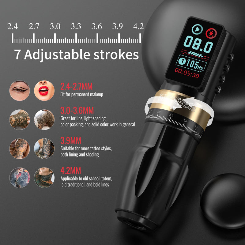 Wormhole Tattoo Gun Wireless Tattoo Machine with 2300mAh Battery, Multi-function Smart Tattoo Pen with 7 Adjustable Strokes Jump-start/Dot Work Mode Tattoo Supplies for Professional Tattooist HP99-A