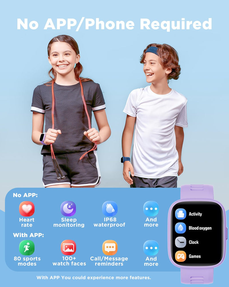 BIGGERFIVE Smart Watch for Kids, 1.8" Fitness Tracker Watch with Pedometer | Heart Rate, Sleep Monitor, IP68 Waterproof, Step Counter, Puzzle Games with/without App for Girls Teens 5-16 Lilac