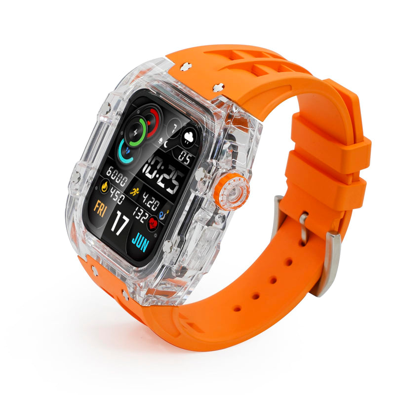 Luxury Transparent Case with Fluororubber Band for Apple Watch 45mm, Crystal Clear Full Protection for iWatch Series 9/8/7 TRN+Orange Pin