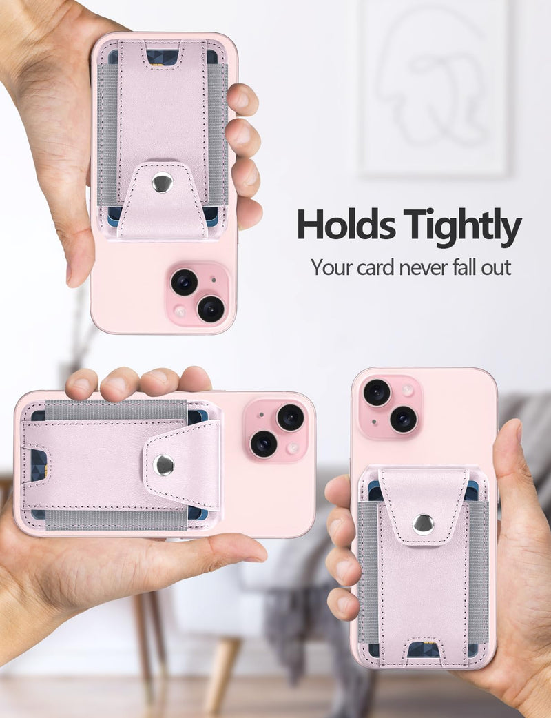 HiWe for Magsafe Wallet Stand - Magnetic Card Holder for iPhone 15/14/13/12 Series, ID Window, 3 Card Slots, Fit 8 Cards, RFID Blocking, Vegan Leather, Pink