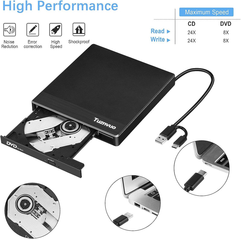 External CD/DVD Drive for Laptop, USB 3.0 & USB C CD Burner/Reader, Plug & Play Compatible with Windows 11/10/Mac OS/Linux, DVD Player for Laptop, PC MacBook Black-2