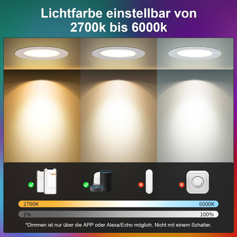 [AUSTRALIA] - VARICART LED Recessed Spotlight 230 V RGB Alexa, Smart LED Spot Flat Bluetooth 7 W 2700 K-6000 K, Recessed Spotlights, Dimmable, Colourful, Set of 6, IP44 68 mm Recessed Lights, App Control, Colours 7W Ø68-85mm Lochmass 