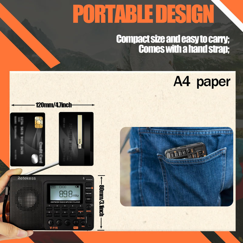 Retekess V115 Shortwave Radio, Digital Radio AM FM, Shortwave Receiver with 1000mAh Rechargeable Battery, Presets, TF/AUX Playback and Recording, Bass Speaker, for Camping AM FM SW
