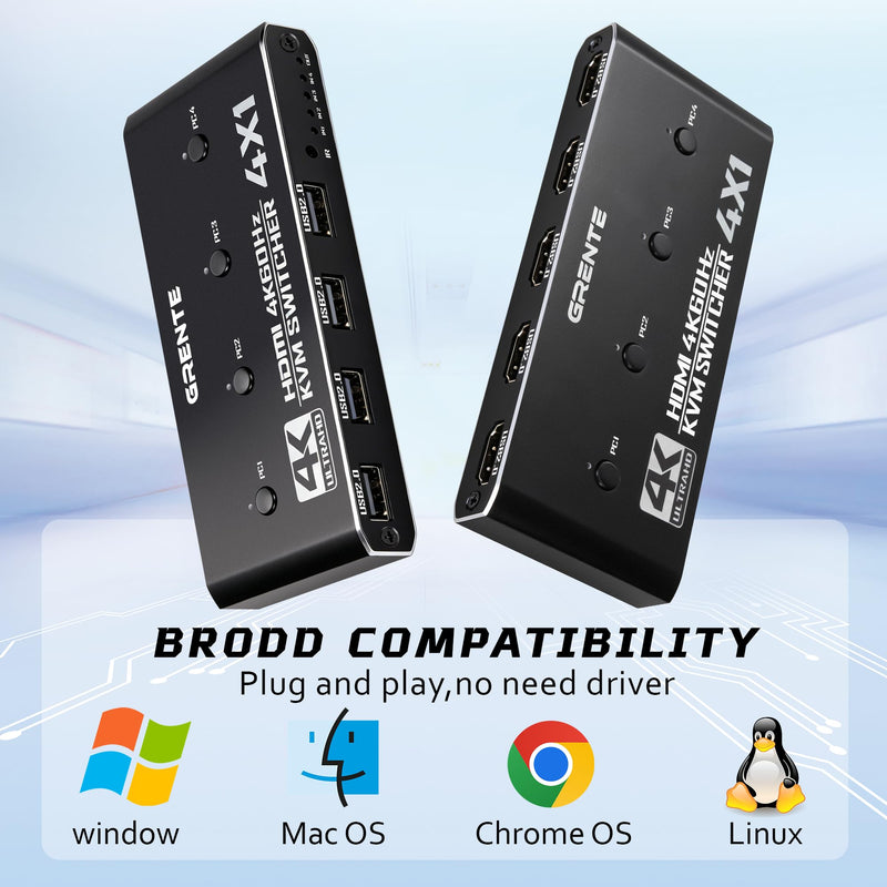 4 Port KVM Switch HDMI 1 Monitors 4 Computers - 4K@60Hz KVM Switcher with USB 2.0, 1 Keyboard 4 Computers Switch Box for Desktop, Mini PC, Laptop, Linux - with 4 HDMI Cables & USB Cables