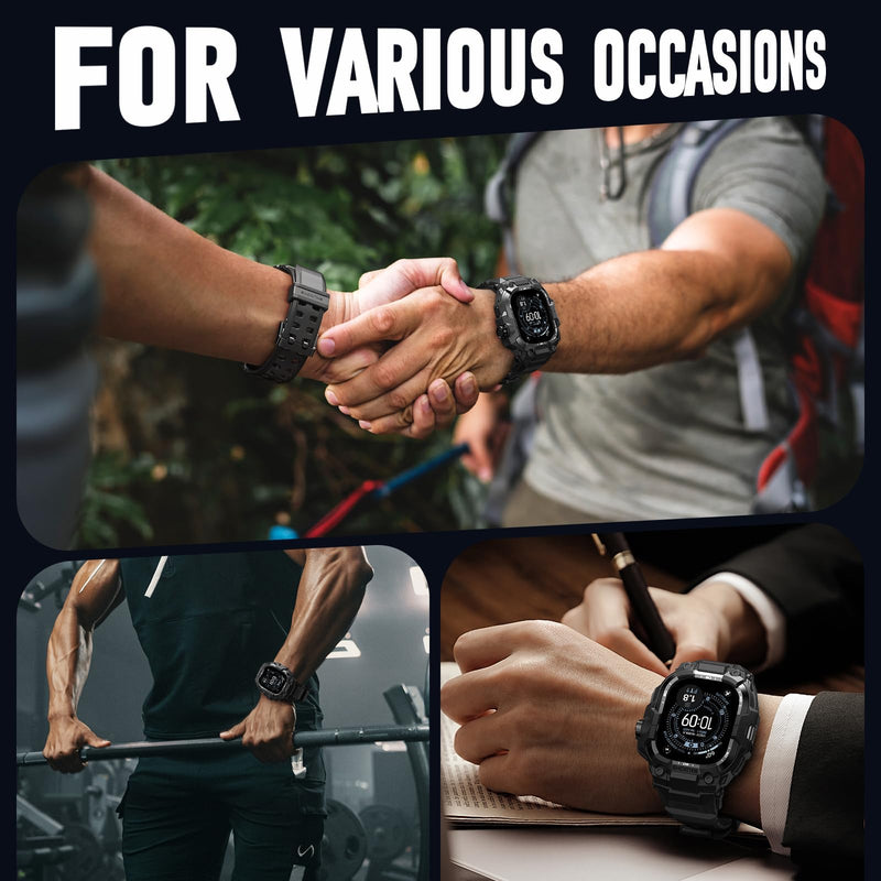 BXUXOHS Rugged Case and Band for Apple Watch Ultra 3/2/1 49mm Men, Military Grade Shockproof Bumper Cover, with 2 Pack Screen Protector, Tactical Band Case for iWatch Ultra 3 2 1 Man, Black 01-Pure Black 49mm - Ultra 3/Ultra 2/Ultra