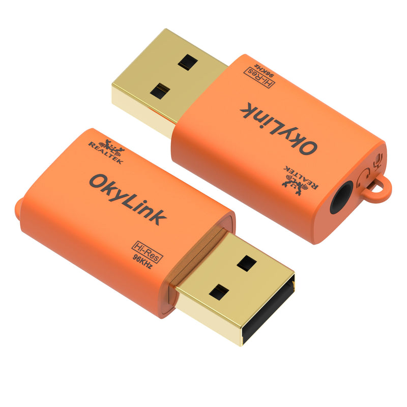 OkyLink USB to 3.5mm Audio Adapter, 96kHz Hi-Res DAC, Plug and Play,2-Pack | External Sound Card, TRRS 4-Pole, Realtek DAC Chip, Compatible with PS5/PS4, Windows, Mac Orange 2 Pack