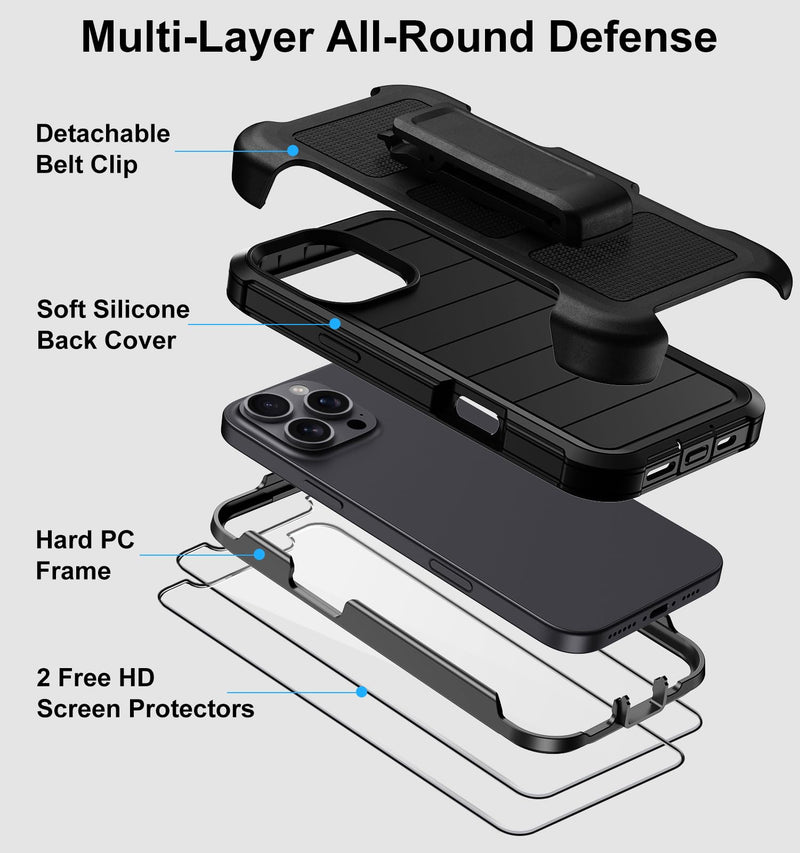 for iPhone 16 Pro Max Case with Belt Clip Holster Screen Protectors | Heavy Duty Military Grade Shockproof Protection Anti-Drop Rugged Kickstand Black