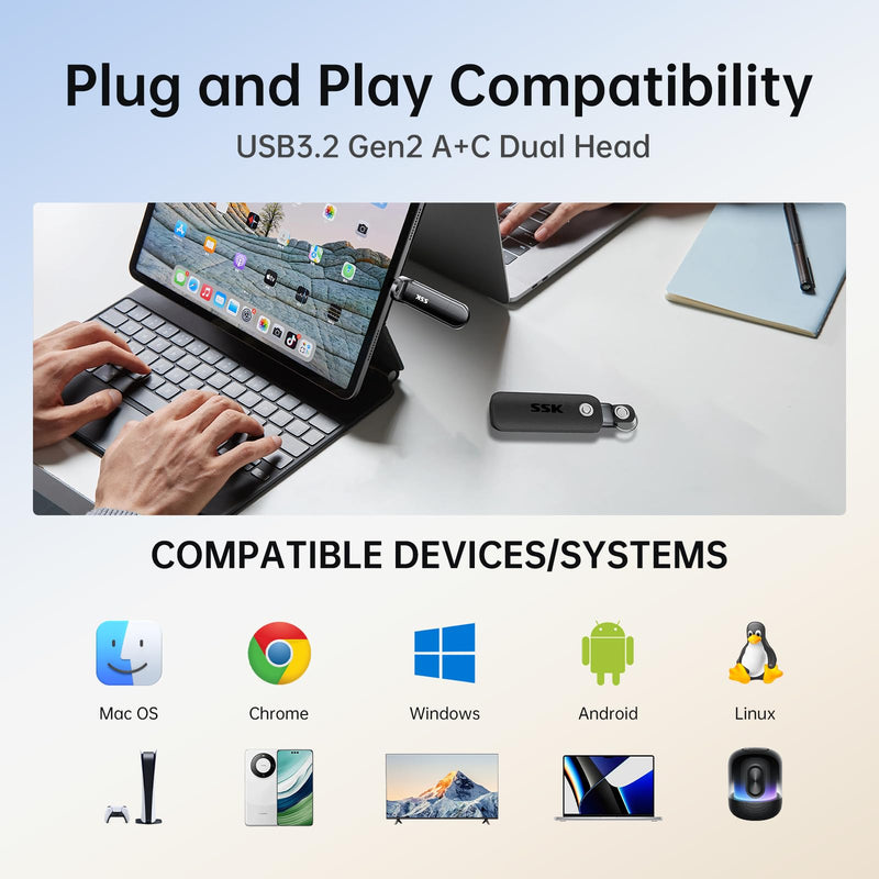 SSK 256GB USB SSD Flash Thumb Drive Memory Stick Dual USBC+A Up to 1000MB/s | TLC NAND Flash USB Drive, Dual Head 10Gbps, SMART & TRIM, 4K60Hz ProRes HDR, OTG, iphone 15/16/17 Pro Compatible, Zinc Alloy 256 GB