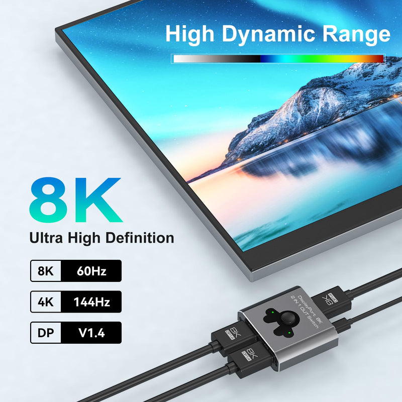 [AUSTRALIA] - Displayport Switch 2 in 1 Out 8K60Hz 4K144Hz DP 1.4 Switcher Compatible with TVs Monitors Laptops PCs Projectors etc (Unidirectional) Unidirectional 