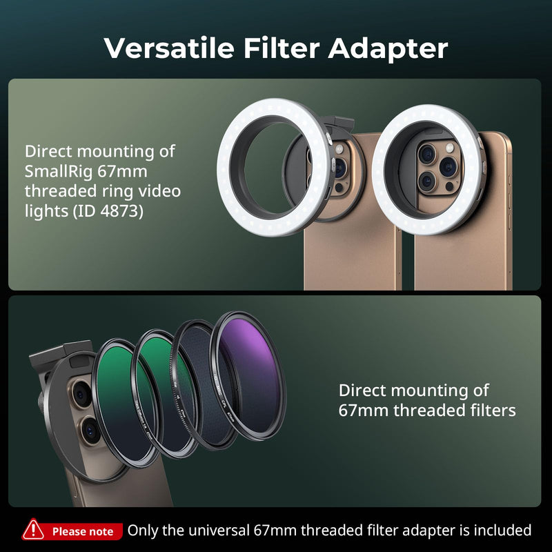 SmallRig Universal 67mm Threaded Filter Adapter for Phone Photography, Compatible with 67mm Threaded Filters & LED Lights, Built-in Cold Shoe Mount -5174
