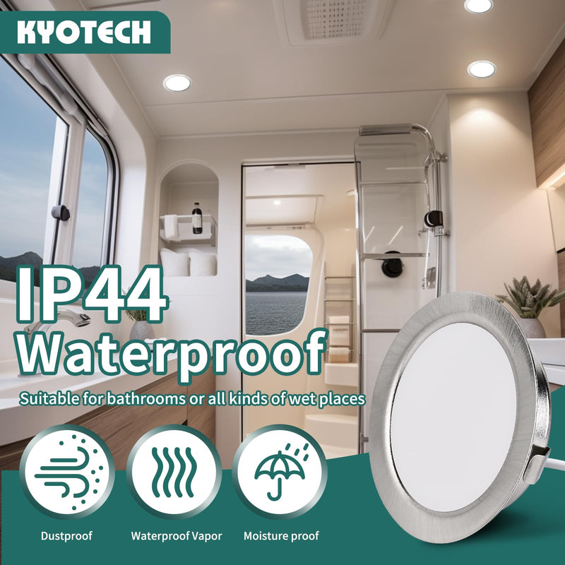 KYOTECH LED Recessed Spotlight 230 V Dimmable, 3 W 3000 K Warm White LED Spot Ultra Flat 300 LM Bore Hole 55-58 mm and 15 mm Flat IP44 Furniture Recessed Spotlights for Mirror Cabinet, Nickel Set of 3 3 pieces Brushed Nickel