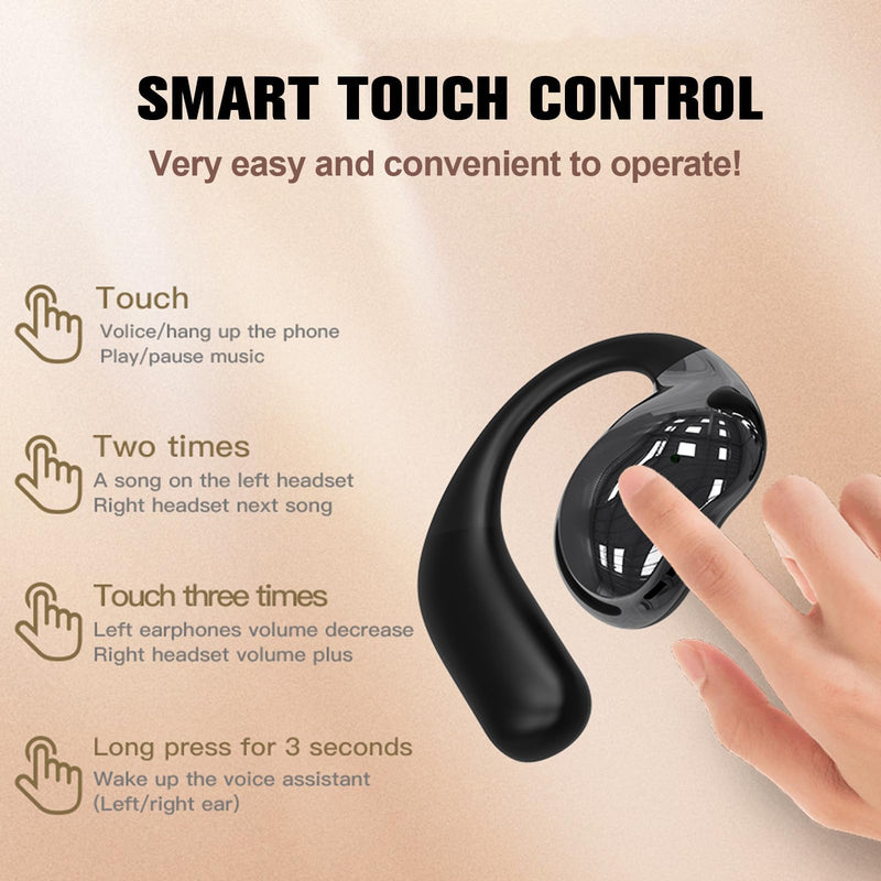 TWS Wireless Bluetooth Smart Touch Screen Ultra Open Ear Earbuds with Ear Hooks Over Ear Buds Sport Earphones with Screen On Case Air Conduction Touchscreen Bluetooth Headphones for Gym Work Running White