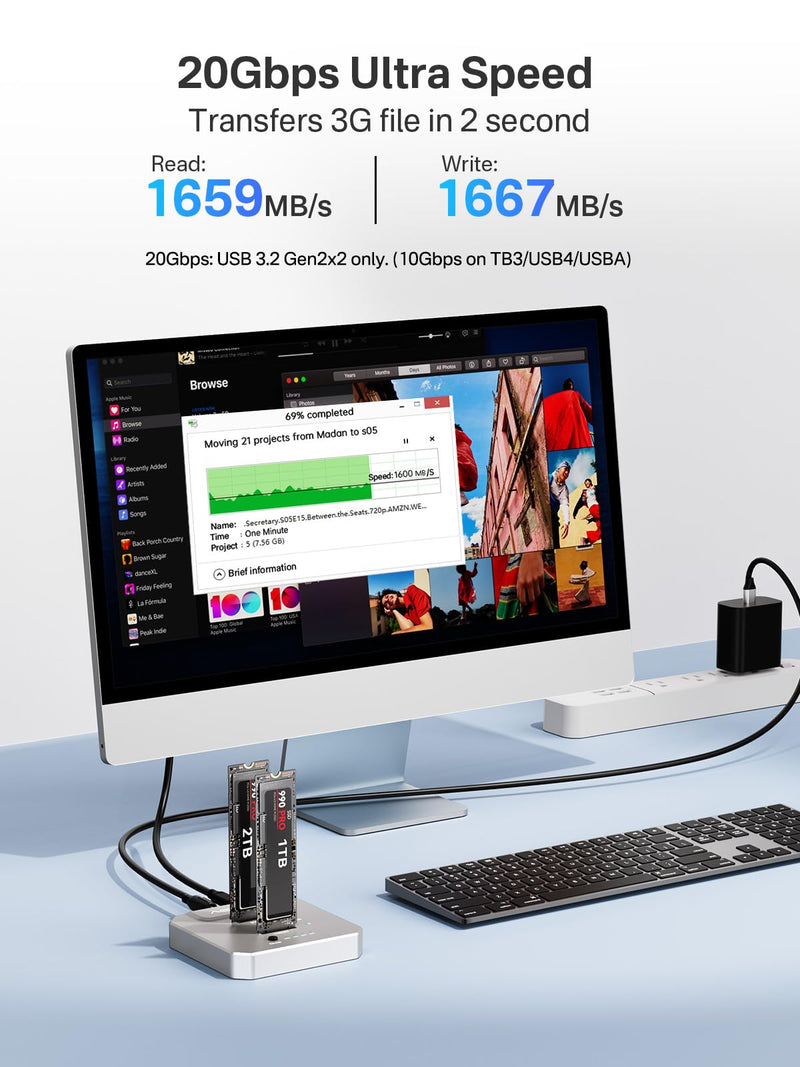 ACASIS 20Gbps M.2 NVMe SSD Cloner & Docking Station, Dual-Bay Duplicator | Offline Cloning • Aluminum Heat Dissipation • Tool-Free Installation • PCIe NVMe M-Key Support • USB Adapter Design