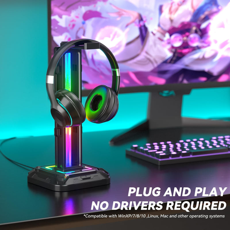 [AUSTRALIA] - KDD RGB Headset Stand with 9 Light Modes - Controller Holder for Desk - Rotatable Headphone Stand & Detachable Controller Hook for PC Earphone Accessories(Black) Black 