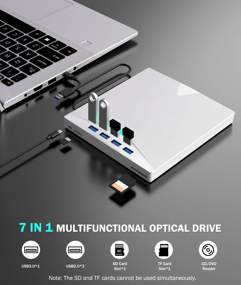 [AUSTRALIA] - External CD/DVD Drive for Laptop PC,8 IN 1 LED Portable DVD Drive CD Burner CD-ROM DVD-/+RW Writer Reader with TF/SD Card Slots,USB 3.0 DVD Drive External,Compatible with Mac,Windows 11/10/8/7,Linux White 