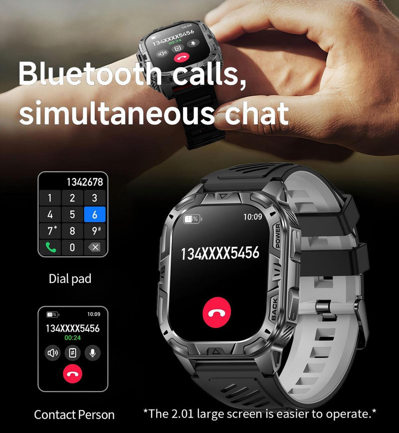 Yihou Mens Military Smart Watch for Men 2.01” Full Touch Screen Bluetooth Calling Heart Rate Sleep Monitor Step Counter Calorie Tracker IP68 Waterproof Outdoor Smartwatch 900mAh Long Battery Life Black-SS