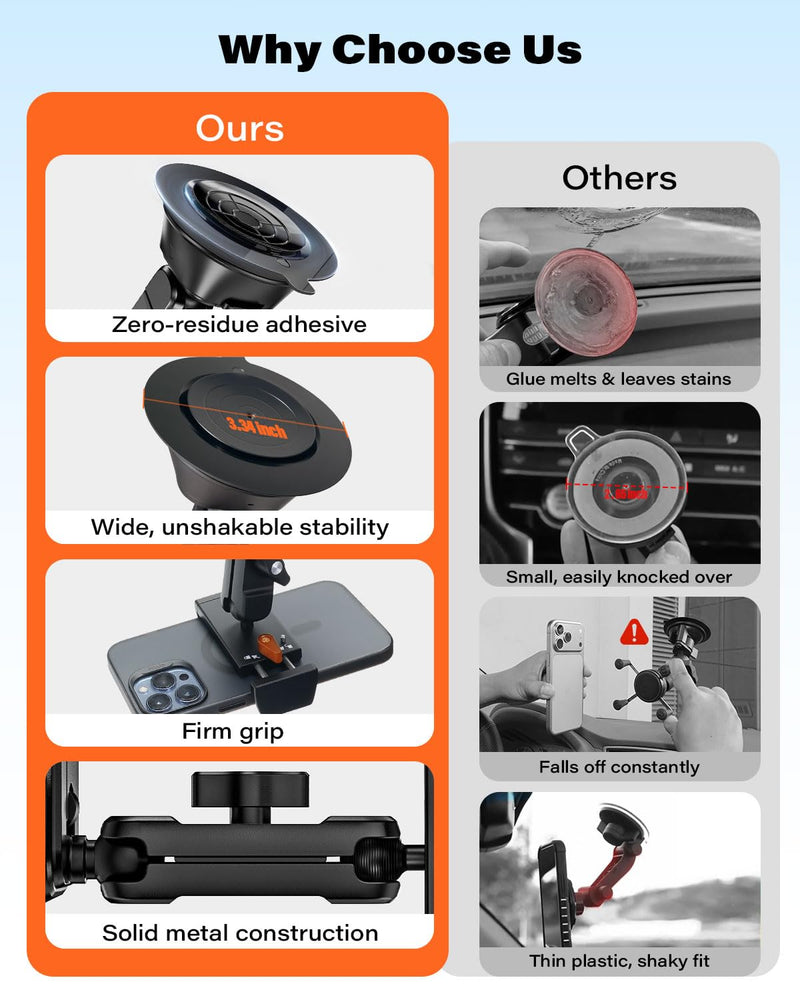 A2C Heavy Duty Suction Cup Phone Mount with Aluminum Alloy Arm & Clamp, 66LBS Vacuum Suction Phone Mount for Windshield Dashboard, Universal Car Phone Holder for All Phones Fit Jeep Wrangler, F150
