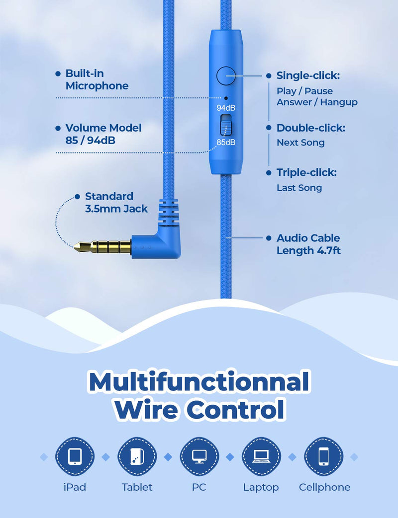 iClever Kids Headphones for School Travel, Safe Volume 85/94dB, HD Mic Stereo Sound Over-Ear Girls Boys Headphones for Kid, FunShare Foldable 3.5mm Wired Kids Headphones for iPad Computer Blue M