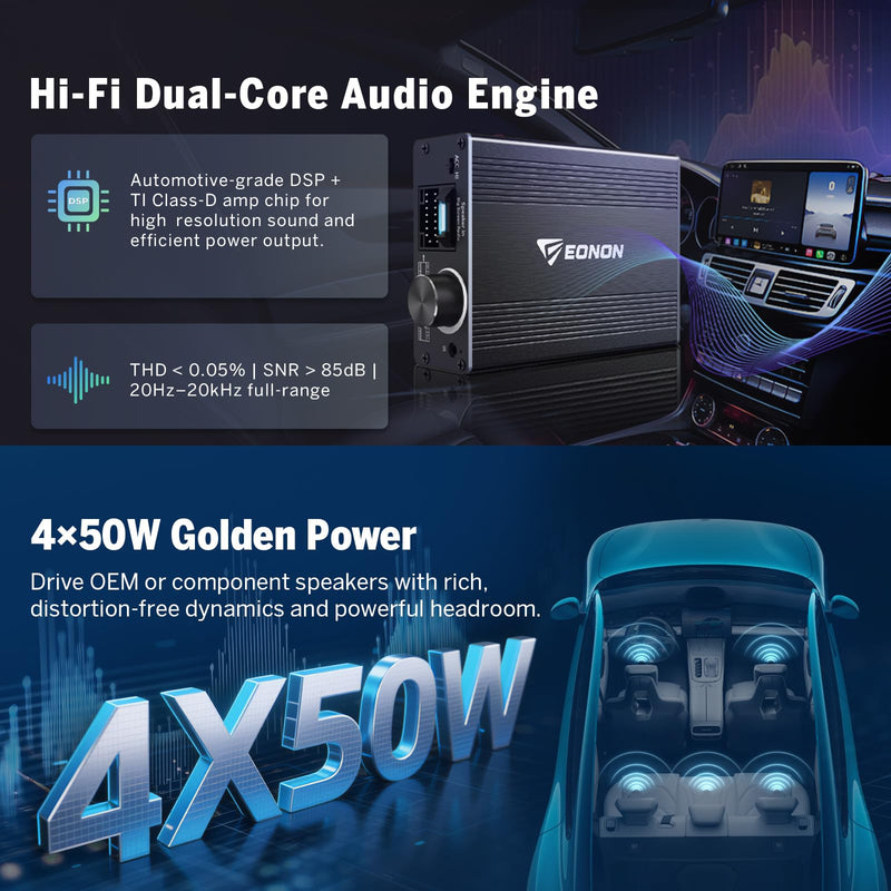 Eonon A304 16-Pin Car DSP Amplifier 4x50W Digital Sound Processor | Built-in equalizer with bass treble adjustment,Bass/Treble/EQ Adjust, Plug and Play Remote Control & Voice Prompt