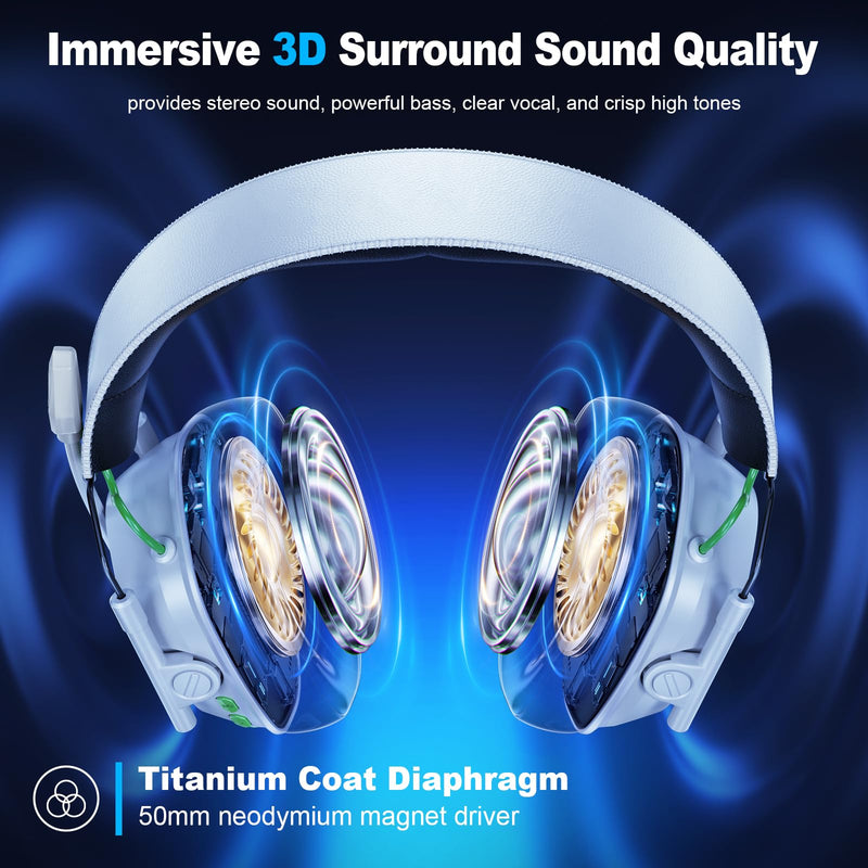 Wireless Gaming Headset for PS5, PS4, PC, Laptop, Mac & Switch, Dual Low-Latency 2.4GHz USB/Type-C & BT 5.4, ENC Noise-Canceling Mic, 3D Stereo Sound, RGB Lighting, 48H Battery Pure White