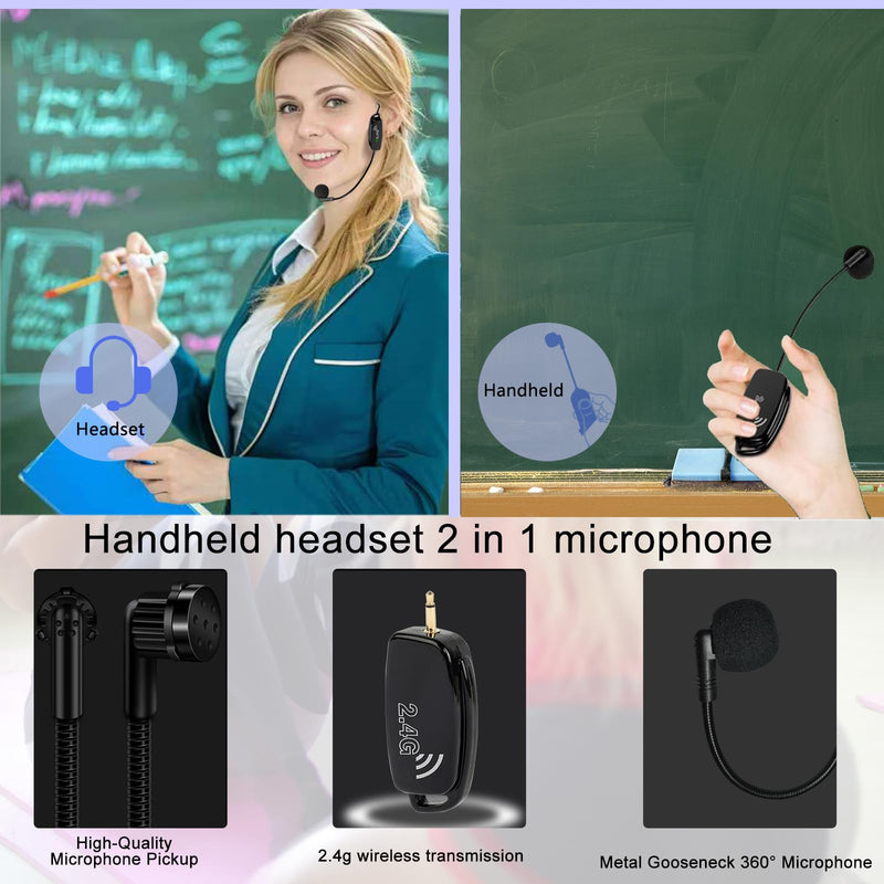 [AUSTRALIA] - Wireless Microphone Headset MIC Cordless: 2.4G Wireless Head MIC and Handheld Mic 2 in 1-160 FT Range with 1/8''&1/4'' Plug for PA System,Voice Amplifier, Fitness Trainer, Teacher, Singing Black1 