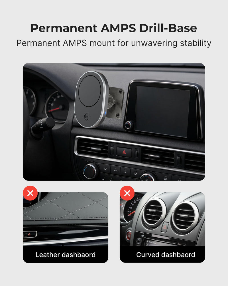 Car Cell Phone Holder with AMPS Mounting Plate - Wireless Magnetic Car Mount Charger - Stand Compatible with iPhone 14/15/16/17/Samsung, Fast Charging (Drill Base AMPS Plate) Magsafe Wireless Charger with Drill Base
