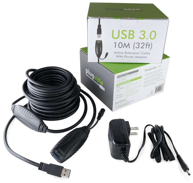 Plugable 10 Meter (32 Foot) USB 3.0 Active Extension Cable with AC Power Adapter and Back-Voltage Protection