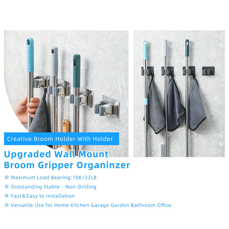 Cokshy Broom Holder Wall, Pack of 4 Stainless Steel Broom Holders with Hooks, Self-Adhesive, Mop Holder, No Drilling, Device Holder for Kitchen, Mop, Bathroom, Garden, Shovel, Tools (Black) Black